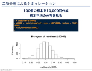 二項分布によるシミュレーション
100個の標本を10,000回作成
標本平均の分布を見る

2013年11月9日土曜日

 