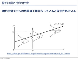 線形回帰分析の仮定
線形回帰モデルの残差は正規分布していると仮定されている

http://www.ipc.shimane-u.ac.jp/food/kobayasi/biometry13_2010.html
2013年11月9日土曜日

 