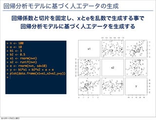 回帰分析モデルに基づく人工データの生成
回帰係数と切片を固定し、xとeを乱数で生成する事で
回帰分析モデルに基づく人工データを生成する

2013年11月9日土曜日

 