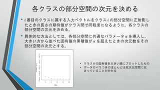 各クラスの部分空間の次元を決める
•

𝑖 番目のクラスに属する入力ベクトルをクラス 𝑖 の部分空間に正射影し
たときの長さの期待値がクラス間で同程度になるように、各クラスの
部分空間の次元を決める。

• 具体的な方法としては、各部分空間に共通なパラメータ

𝜅 を導入し、
大きい方から並べた固有値の累積値が 𝜅 を超えたときの次元数をその
部分空間の次元とする。

• クラス 0 の固有値を大きい順にプロットしたもの
• データのバラつきのほとんどは低次元空間に収
まっていることが分かる

 