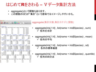はじめてRをさわる – Ⅴデータ集計方法
• これら以外でも、集計方法はあります。
• ”plyr”や、”dplyr”,SQLを利用できる方は”sqldf”などがあります。
ddply(full_list,
c("Subject","Class"),
function(df)
return(c(AVERAGE=mean(df$RT
))))
■パッケージ：plyr ■パッケージ：sqldf
■参考資料
 http://cran.r-
project.org/web/packages/plyr/i
ndex.html
 http://plyr.had.co.nz/
sqldf（“SELECT
Species ,
COUNT(*) as num
FROM
iris
GROUP BY
Species”）
■参考資料
 http://code.google.com/p/sqldf/
 http://www.slideshare.net/aad34210/tok
o-r-sqldf
 過去にTokyoRで発表しました
 