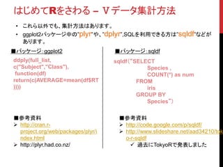 はじめてRをさわる – Ⅵ 関数
• これまで、紹介したコードの中に、sum() , mean() などがでてきました。
• Rでは、Excelなどと同じように関数が準備してあります。
• すべてを紹介するのはかなり分量が多いので、主立ったところを紹介します。
関数 説明 使用例
Sum() 言わずと知れた、誰でも知っている関数。合計。 Sum(iris[,1])
Mean() 言わずと知れた、誰でも知っている関数。平均。 Mean(iris[,1])
sd() あんまり普段は使うことはないかも。標準偏差。 Sd(iris[,1])
Var() あんまり普段は使うことはないかも。分散 Var(iris[,1])
Max() みんな知ってる最大値。 max(iris[,1])
Min() みんな知ってる最小値。 Min(iris[,1])
Rank() ランキングを返す rank(iris[,1])
Cor() 相関係数を返す cor(iris[,1] ,
iris[,2])
・
・
・
 