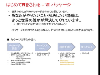 はじめてRをさわる – Ⅷ パッケージ
• Install.packages()を使ってみる。
• ggplot2をインストールしてみましょう。
• install.packages("ggplot2”)と
いうコマンドを入力すると、取得
する場所を選択
• 選択すると、パッケージをダウン
ロード開始。
• Library(ggplot2) で、実際に使
えるようになります。
 