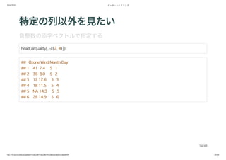 2014/5/31 データ・ハンドリング
file:///Users/yokkuns/github/TokyoR/TokyoR39/yokkuns/index.html#49 14/48
特定の列以外を見たい
負整数の添字ベクトルで指定する
head(airquality[, -c(2, 4)])
## Ozone Wind Month Day
## 1 41 7.4 5 1
## 2 36 8.0 5 2
## 3 12 12.6 5 3
## 4 18 11.5 5 4
## 5 NA 14.3 5 5
## 6 28 14.9 5 6
14/49
 