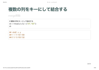 2014/5/31 データ・ハンドリング
file:///Users/yokkuns/github/TokyoR/TokyoR39/yokkuns/index.html#49 38/48
複数の列をキーにして結合する
merge関数
# 複数の列をキーにして結合する
ab <- merge(a, b, by = c("id", "id2"))
ab
## id id2 x y
## 1 1 11 101 100
## 2 5 15 105 150
38/49
 
