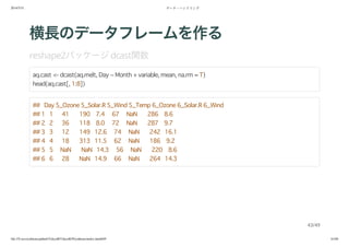 2014/5/31 データ・ハンドリング
file:///Users/yokkuns/github/TokyoR/TokyoR39/yokkuns/index.html#49 43/48
横長のデータフレームを作る
reshape2パッケージdcast関数
aq.cast <- dcast(aq.melt, Day ~ Month + variable, mean, na.rm = T)
head(aq.cast[, 1:8])
## Day 5_Ozone 5_Solar.R 5_Wind 5_Temp 6_Ozone 6_Solar.R 6_Wind
## 1 1 41 190 7.4 67 NaN 286 8.6
## 2 2 36 118 8.0 72 NaN 287 9.7
## 3 3 12 149 12.6 74 NaN 242 16.1
## 4 4 18 313 11.5 62 NaN 186 9.2
## 5 5 NaN NaN 14.3 56 NaN 220 8.6
## 6 6 28 NaN 14.9 66 NaN 264 14.3
43/49
 