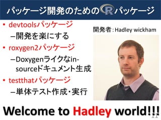 パッケージ開発のための パッケージ 
• devtoolsパッケージ 
–開発を楽にする 
• roxygen2パッケージ 
–Doxygenライクなin-source 
ドキュメント生成 
• testthatパッケージ 
–単体テスト作成・実行 
11 Welcome to Hadley world!!! 
開発者：Hadley wickham 
 