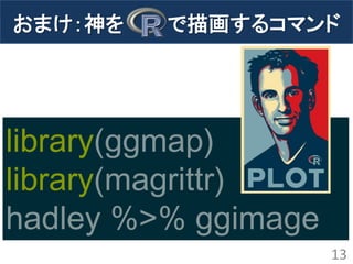 おまけ：神を で描画するコマンド 
13 
library(ggmap) 
library(magrittr) 
hadley %>% ggimage 
 