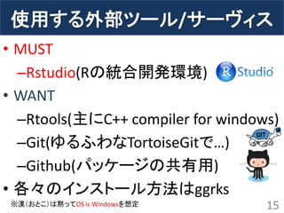 使用する外部ツール/サーヴィス 
•MUST 
–Rstudio(Rの統合開発環境) 
•WANT 
–Rtools(主にC++ compiler for windows) 
–Git(ゆるふわなTortoiseGitで…) 
–Github(パッケージの共有用) 
•各々のインストール方法はggrks 
15 
※漢（おとこ）は黙ってOS is Windowsを想定  