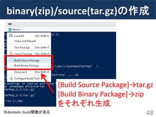 binary(zip)/source(tar.gz)の作成 
48 
[Build Source Package]→tar.gz 
[Build Binary Package]→zip 
をそれぞれ生成 
※devtools::build関数が走る  