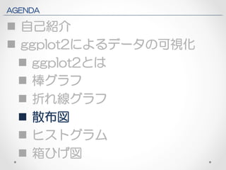 AGENDA 
n 自己紹介 
n ggplot2によるデータの可視化 
n ggplot2とは 
n 棒グラフ 
n 折れ線グラフ 
n 散布図 
n ヒストグラム 
n 箱ひげ図 
 