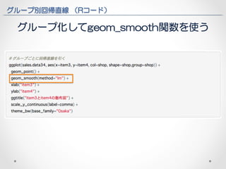 グループ別回帰直線 （Rコード） 
グループ化してgeom_smooth関数を使う 
 