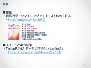 参考 
■書籍 
・戦略的データマイニング (シリーズ Useful R 4) 
- http://amzn.to/1otigKO 
 
第1章 序論 
 
第2章 データ加工 
第3章 データ可視化 
 
第4章 問題発見 
 
第5章 問題解決:意思決定支援 
第6章 問題解決:自動化・最適化 
 
第7章 効果測定 
付録A R/RStudioの導入 
 
■Rコードと実行結果 
・TokyoR#42 データの可視化（ggplot2） 
- http://rpubs.com/yokkuns/27108 
 
 