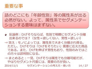 重要な事 
話のどこにも「年齢性別」等の属性系が出る 
必然がない。よって、属性系でセグメンテー 
ションする意味はまずない。 
一応… 
属性系のセグメンテーションが良さげな商材もある。 
が、偶然「需要≒属性」なだけ 
【例：ひげそり】確かに男性の需要が高い。ただし男性で 
も、ひげを伸ばす男性は欲しがらない。よって、セグメン 
テーションには、｢男性」との属性より、「ひげを剃りた 
い」との需要の方がマシ 
2014/11/1 セグメンテーションの考え方・使い方 14 / 36 
 