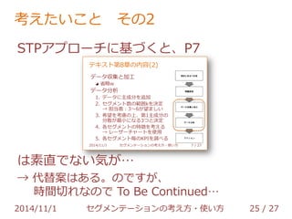 考えたいこと その1 
疑問： 
消費者の需要を示すSegmentation Basis 
はどこにあるの？ 
→ 一般論はない。 
消費者の需要は？をとにかく考えるしかない。 
ビックデータで何とかなる、とは限らない 
2014/11/1 セグメンテーションの考え方・使い方 25 / 36 
 