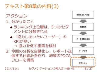 テキスト第8章の内容(3) 
アクション 
1. 分かったこと 
ランキング上位層は、5つのセグ 
メントに分類される 
「協力しあいたいユーザー」の 
KPIが高い 
→ 協力を促す施策を検討 
2. 今回の分析を自動化し、レポート送 
信する仕組みを作り、施策のPDCA 
フローを構築 
2014/11/1 セグメンテーションの考え方・使い方 8 / 36 
 