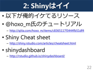 2: Shinyはイイ
• 以下が俺的イケてるリソース
• @hoxo_m氏のチュートリアル
– http://qiita.com/hoxo_m/items/c8365117f3444fb51df4
• Shiny Cheat sheet
– http://shiny.rstudio.com/articles/cheatsheet.html
• shinydashboard
– http://rstudio.github.io/shinydashboard/
22
 