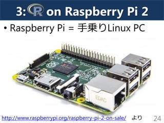 3: on Raspberry Pi 2
• Raspberry Pi = 手乗りLinux PC
24http://www.raspberrypi.org/raspberry-pi-2-on-sale/ より
 