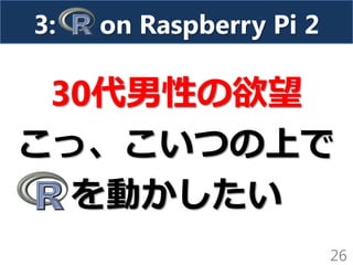 • インストールできねぇよ報告有
27
3: on Raspberry Pi 2
 
