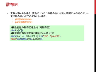 散布図
• 変数が多くある場合、変数の1つずつの組み合わせだと手間がかかるので、一
気に組み合わせてみてみたい場合。
• plot(dataframe)
• pars(dataframe)
#複数変数の散布図組合せ（対散布図）
plot(iris[-5])
#複数変数の対散布図（種類による色分け）
pairs(iris[1:4], pch = 21,bg = c("red" , "green3" ,
"blue")[unclass(iris$Species)])
 