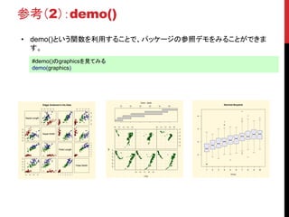 参考（2）：demo()
• demo()という関数を利用することで、パッケージの参照デモをみることができま
す。
#demo()のgraphicsを見てみる
demo(graphics)
Sepal.Length
2.0 2.5 3.0 3.5 4.0 0.5 1.0 1.5 2.0 2.5
4.55.56.57.5
2.02.53.03.54.0
Sepal.Width
Petal.Length
1234567
4.5 5.5 6.5 7.5
0.51.01.52.02.5
1 2 3 4 5 6 7
Petal.Width
Edgar Anderson's Iris Data
-35-30-25-20-15-10
165 170 175 180 185
165 170 175 180 185 165 170 175 180 185
-35-30-25-20-15-10
long
lat
100 200 300 400 500 600
Given : depth
1 2 3 4 5 6 7 8 9 10
0246
Notched Boxplots
Group
 