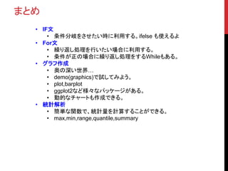 まとめ
• IF文
• 条件分岐をさせたい時に利用する。ifelse も使えるよ
• For文
• 繰り返し処理を行いたい場合に利用する。
• 条件が正の場合に繰り返し処理をするWhileもある。
• グラフ作成
• 奥の深い世界…
• demo(graphics)で試してみよう。
• plot,barplot
• ggplot2など様々なパッケージがある。
• 動的なチャートも作成できる。
• 統計解析
• 簡単な関数で、統計量を計算することができる。
• max,min,range,quantile,summary
 