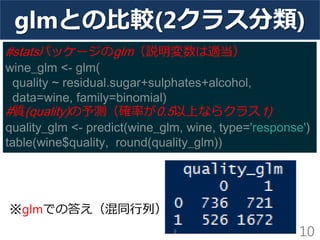 glmとの比較(2クラス分類)
10
#statsパッケージのglm（説明変数は適当）
wine_glm <- glm(
quality ~ residual.sugar+sulphates+alcohol,
data=wine, family=binomial)
#質(quality)の予測（確率が0.5以上ならクラス1)
quality_glm <- predict(wine_glm, wine, type='response')
table(wine$quality, round(quality_glm))
※glmでの答え（混同行列）
 