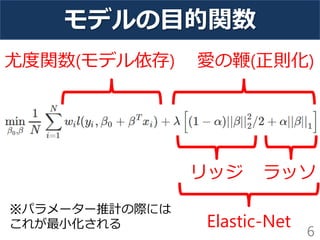 モデルの目的関数
6
ラッソリッジ
尤度関数(モデル依存) 愛の鞭(正則化)
Elastic-Net
※パラメーター推計の際には
これが最小化される
 