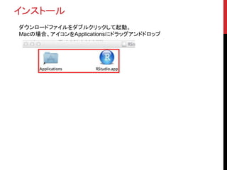 インストール
ダウンロードファイルをダブルクリックして起動。
Macの場合、アイコンをApplicationsにドラッグアンドドロップ
 