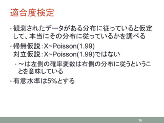 適合度検定
• 観測されたデータがある分布に従っていると仮定
して、本当にその分布に従っているかを調べる
• 帰無仮説：X~Poisson(1.99)
対立仮説：X~Poisson(1.99)ではない
• ～は左側の確率変数は右側の分布に従うというこ
とを意味している
• 有意水準は5%とする
16
 