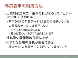 幹葉表示の利用方法
• 比較的小規模で一番下の桁がそろっているデー
タに対して使われる
• 前スライドの年齢データは1歳の桁で揃っている
• 大規模なデータには適用しない
• すべて書くのは大変である
• 箱ひげ図やヒストグラムを代わりに使う
• 外れ値や最頻値の探索に有効
• 大まかな分布の形状が把握できる
• 前スライドの年齢データは若い方に偏っていた
6
 
