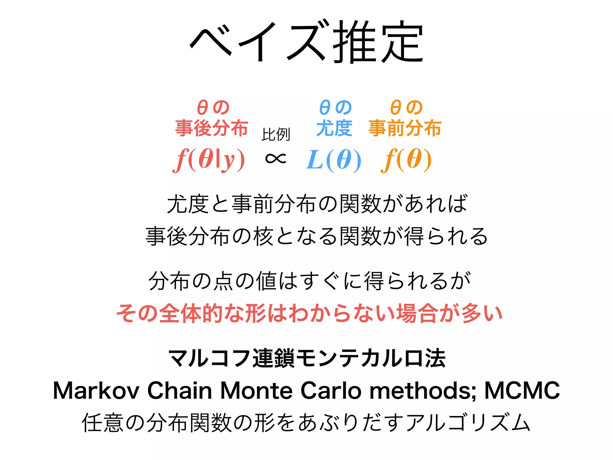 ベイズ推定
尤度と事前分布の関数があれば
事後分布の核となる関数が得られる
f(θ|y) ∝ f(θ)L(θ)
θの
事後分布
θの
事前分布
θの
尤度比例
 
