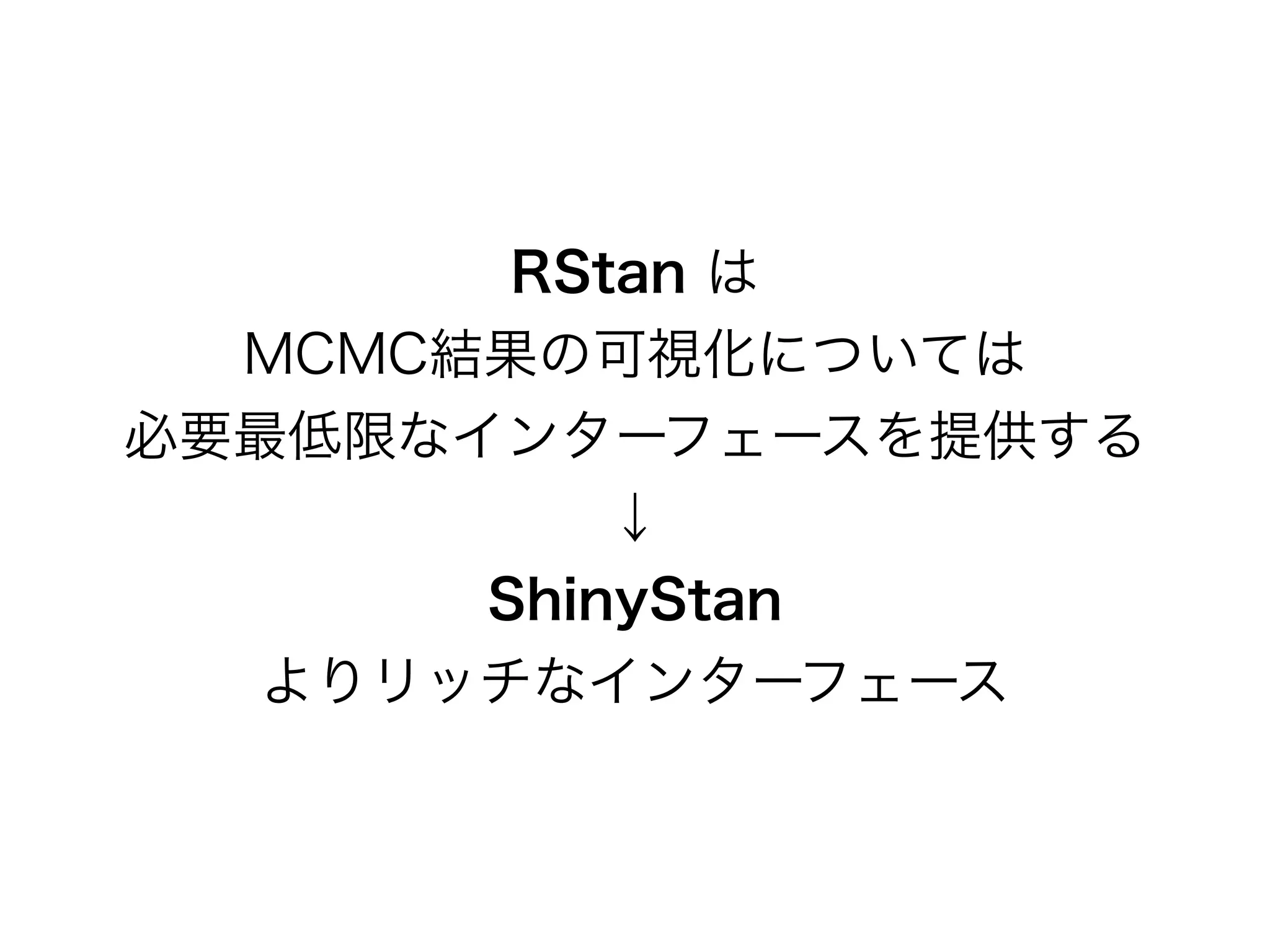 #パラメターの推定値の表示
print(fit_normal)
B X d U Xad IfS _aV 7 ad_S +
1 UZS[ e) SUZ i[fZ [f d:/---8 iSd_gb:.---8 fZ[ :.8
baef*iSd_gb VdSie b d UZS[ :.---) fafS baef*iSd_gb VdSie:1---+
_ S e R_ S eV /+2# /2# 2-# 42# 64+2# R XX ZSf
_g .4/+06 -+-- -+.4 .4/+-2 .4/+/5 .4/+06 .4/+2. .4/+40 /163 .
e[Y_S 2+11 -+-- -+./ 2+/. 2+02 2+11 2+2/ 2+34 /004 .
bRR */.6-+-0 -+-0 .+-2 */.6/+5/ */.6-+06 */.56+4- */.56+0- */.56+-2 ..6- .
IS_b e i d VdSi ge[ Y FK I%V[SYR & Sf Ea <gY 0. .27-27-. /-.2+
Aad SUZ bSdS_ f d) R XX [e S UdgV _ Segd aX XX Uf[h eS_b e[l )
S V ZSf [e fZ baf f[S eUS d VgUf[a XSUfad a eb [f UZS[ e %Sf
Ua h dY U ) ZSf:.&+
MCMCサンプルの
平均、平均の標準誤差、標準偏差、x%値、有効サンプル数、 ˆR
正規分布の平均と標準偏差の推定
 