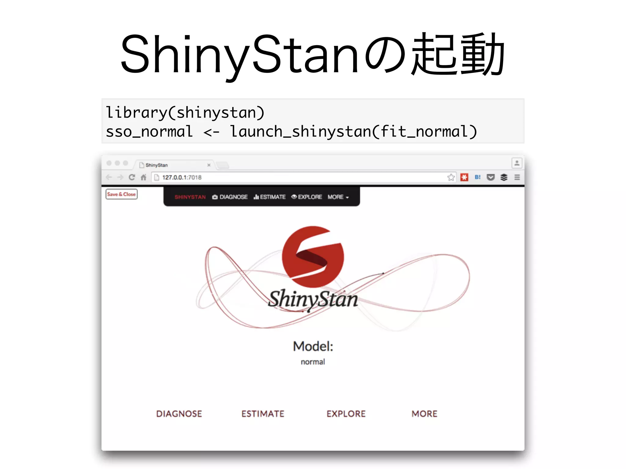 正規分布の平均と標準偏差の推定
jfdSUf% aT Uf : FKDD efS X[f
) bSde : FKDD y r
) b d_gf V : A<DI r ）
) [ URiSd_gb : A<DI & iSd_*gb
#サンプルされたパラメター値の抽出
bSdS_R ad_S 9* jfdSUf%X[fR ad_S &
_g
_ S % bSdS_R ad_S "_g &
.4/+0602
 