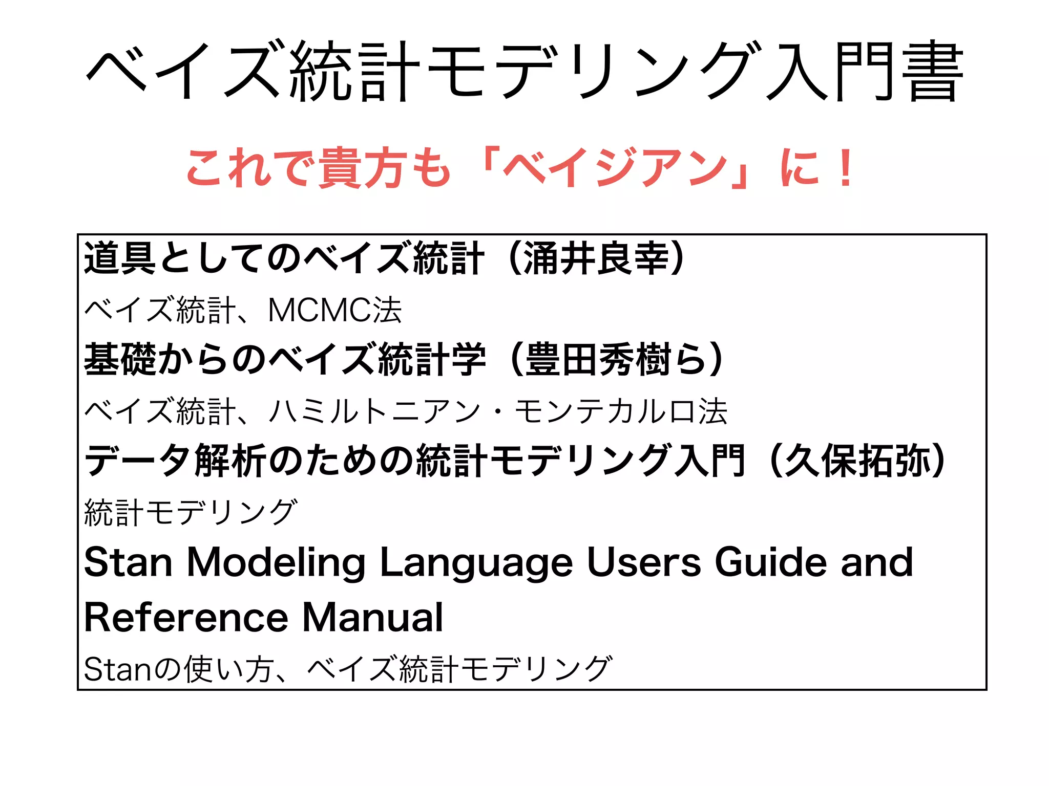 階層ベイズモデル
テストの点数の分布へのあてはめ、各生徒の解答力の推定
実測●
予測●
各生徒の解答力 z
人数
Y dSf V cgS f[f[ em
[ f kRZSfPF 8 ,, k
Xad%[ [ .7F&
kRZSfP[ 9* T[ a_[S Rd Y%E) bP[ &8,,
n
 