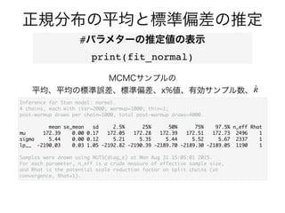 #MCMCƥ`
traceplot(fit_normal)
warm-upg
ƽ
mu
˜ƫ
sigma
_
lp__
ץg
ҎֲƽȘ˜ƫƶ
 