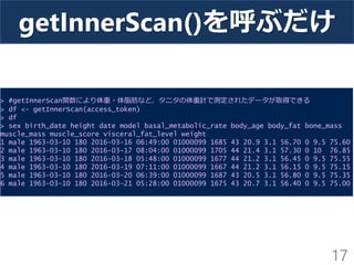 getInnerScan()を呼ぶだけ
17
> #getInnerScan関数により体重・体脂肪など、タニタの体重計で測定されたデータが取得できる
> df <- getInnerScan(access_token)
> df
> sex birth_date height date model basal_metabolic_rate body_age body_fat bone_mass
muscle_mass muscle_score visceral_fat_level weight
1 male 1963-03-10 180 2016-03-16 06:49:00 01000099 1685 43 20.9 3.1 56.70 0 9.5 75.60
2 male 1963-03-10 180 2016-03-17 08:04:00 01000099 1705 44 21.4 3.1 57.30 0 10 76.85
3 male 1963-03-10 180 2016-03-18 05:48:00 01000099 1677 44 21.2 3.1 56.45 0 9.5 75.55
4 male 1963-03-10 180 2016-03-19 07:11:00 01000099 1667 44 21.2 3.1 56.15 0 9.5 75.15
5 male 1963-03-10 180 2016-03-20 06:39:00 01000099 1687 43 20.5 3.1 56.80 0 9.5 75.35
6 male 1963-03-10 180 2016-03-21 05:28:00 01000099 1675 43 20.7 3.1 56.40 0 9.5 75.00
 