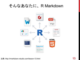 そんなあなたに、R Markdown
13出典：http://rmarkdown.rstudio.com/lesson-13.html
 