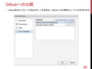 Githubへの公開
• Github用のテンプレートがあるので、これを使うと、Githubへの公開用フォーマットが作成できる
23
 