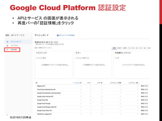 Google Cloud Platform 認証設定
• APIとサービス の画面が表示される
• 再度バーの「認証情報」をクリック
※2018/01/20時点
 