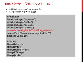 Rのパッケージのインストール
• 必要なパッケージをインストールする
• RoogleVision パッケージを使う
##packages
install.packages("tidyverse")
install.packages("leaflet")
install.packages("devtools")
install.packages("jsonlite")
devtools::install_github("flovv/RoogleVision")
source("http://bioconductor.org/biocLite.R")
biocLite("EBImage")
##library
library(tidyverse)
library(leaflet)
library(RoogleVision)
library(EBImage)
library(jsonlite)
 