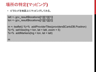 場所の特定(マッピング)
• ピラミッドを地図上にマッピングしてみる。
latt <- gcv_result$locations[[1]][[1]][[1]]
lon <- gcv_result$locations[[1]][[1]][[2]]
m <- leaflet() %>% addProviderTiles(providers$CartoDB.Positron)
%>% setView(lng = lon, lat = latt, zoom = 5)
%>% addMarkers(lng = lon, lat = latt)
m
 