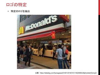 ロゴの特定
• 特定のロゴを抽出
出展： https://tabelog.com/kanagawa/A1401/A140101/14029083/dtlphotolst/4/smp2/
 