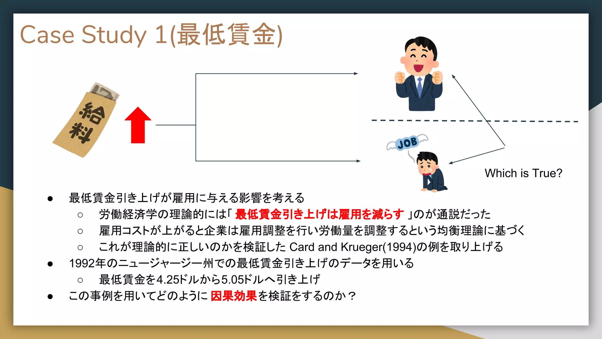 Case Study 1(最低賃金)
● 最低賃金引き上げが雇用に与える影響を考える
○ 労働経済学の理論的には「 最低賃金引き上げは雇用を減らす 」のが通説だった
○ 雇用コストが上がると企業は雇用調整を行い労働量を調整するという均衡理論に基づく
○ これが理論的に正しいのかを検証した Card and Krueger(1994)の例を取り上げる
● 1992年のニュージャージー州での最低賃金引き上げのデータを用いる
○ 最低賃金を4.25ドルから5.05ドルへ引き上げ
● この事例を用いてどのように 因果効果を検証をするのか？
Which is True?
 