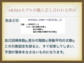 ARIMAモデルが職人芸と言われる所以
先ほどの
自己回帰係数p,差分の階数d,移動平均の次数q
この引数設定を誤ると、すぐ収束してしまい、
予測が意味をなさないものになります。
 