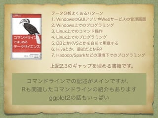 ǩ`褯ѥ`
1. WindowsGUIץWeb`ӥι
2. WindowsϤǤΥץߥ
3. LinuxϤǤΥޥɲ
4. LinuxϤǤΥץߥ
5. DBȤKVSȤǰ⤹
6. HiveȤMPP
7. Hadoop/Sparkʤɤέh¤ǤΥץߥ
ӛ2,3ΥåפǤ
ޥɥ饤ǤӛᥤǤ
RvBޥɥ饤νB⤢ޤ
ggplot2Ԓ⤤äѤ
 