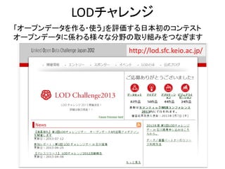 データを使ったアプリの作成・公開をサポートする App.LinkData.org
LinkDataに公開されている
全てのデータが、アプリの
入力データとして利用可能
オンラインエディタでJavaScriptを
書いて即、アプリとして公開
公開アプリはフォーク可能
Fork
 