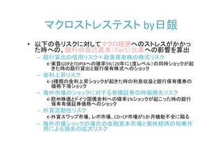 マクロストレステスト by日銀
• 以下の各リスクに対してマクロ経済へのストレスがかかっ
  た時への、銀行の自己資本（Tier1）比率への影響を算出
 – 銀行貸出の信用リスク＋政策保有株の株式リスク
   ←実質GDPとTOPIXへの確率5%（20年に1度レベル）の同時ショックが起
    きた時の銀行貸出と銀行保有株式へのショック
 – 金利上昇リスク
   ←3種類の金利上昇ショックが起きた時の利息収益と銀行保有債券の
    価格下落ショック
 – 海外市場のショックに対する有価証券の時価損失リスク
   ←欧州株価とドイツ国債金利への確率1%ショックが起こった時の銀行
    保有有価証券価格へのショック
 – 外貨流動性リスク
   ←外貨スワップ市場、レポ市場、CD・CP市場が1か月機能不全に陥る
 – 海外市場ショックの場合の金融資本市場と実体経済の相乗作
   用による損失の拡大リスク
 