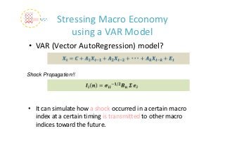 Stressing Macro Economy
               using a VAR Model
• VAR (Vector AutoRegression) model?


Shock Propagation!!




• It can simulate how a shock occurred in a certain macro 
  index at a certain timing is transmitted to other macro 
  indices toward the future.
 