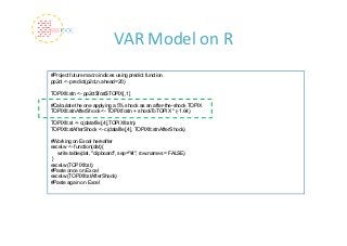 VAR Model on R
#Project future macro indices using predict function
pp2ct <- predict(p2ct,n.ahead=20)

TOPIXfcstn <- pp2ct$fcst$TOPIX[,1]

#Calculate the one applying a 5% shock as an after-the-shock TOPIX
TOPIXfcstnAfterShock <- TOPIXfcstn + shockToTOPIX * (-1.64)

TOPIXfcst <- c(datafile[,4],TOPIXfcstn)
TOPIXfcstAfterShock <- c(datafile[,4], TOPIXfcstnAfterShock)

#Working on Excel hereafter
excel.w <- function(dat){
   write.table(dat, "clipboard", sep="¥t", row.names = FALSE)
 }
excel.w(TOPIXfcst)
#Paste once on Excel
excel.w(TOPIXfcstAfterShock)
#Paste again on Excel
 